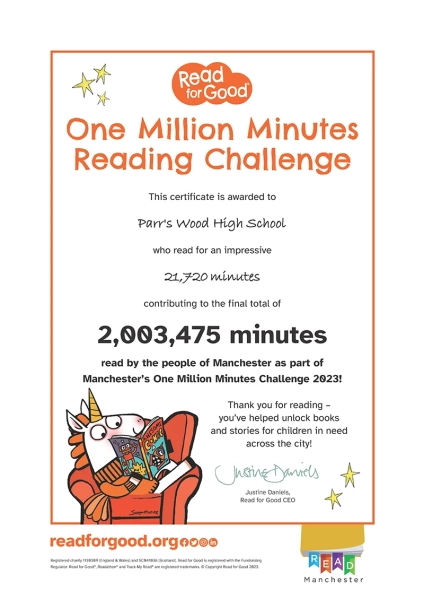One Million Minutes Reading Challenge certificate